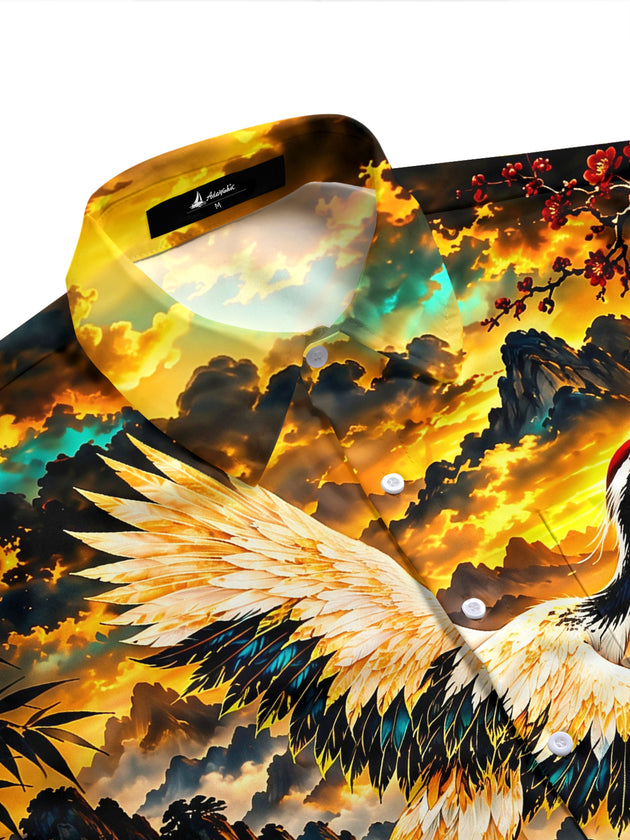 Adaychic Men's Red-crowned Crane And Landscape Print Short Sleeve Shirt with Chest Pocket