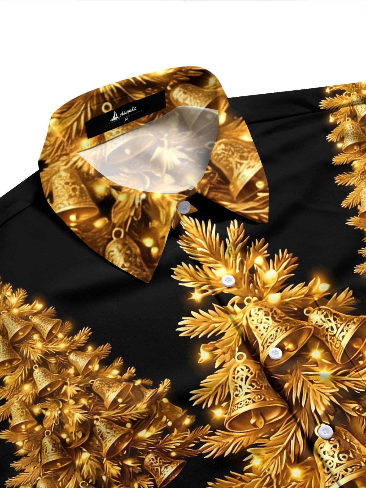 Adaychic Men's Long Sleeve Shirt - Golden Christmas Trees With Bells And Lights Print with Chest Pocket