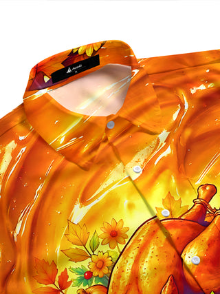 Adaychic Men's Short Sleeve Stand Collar Shirt - Thanksgiving Roasted Turkey And Pumpkin Pies Print with Chest Pocket