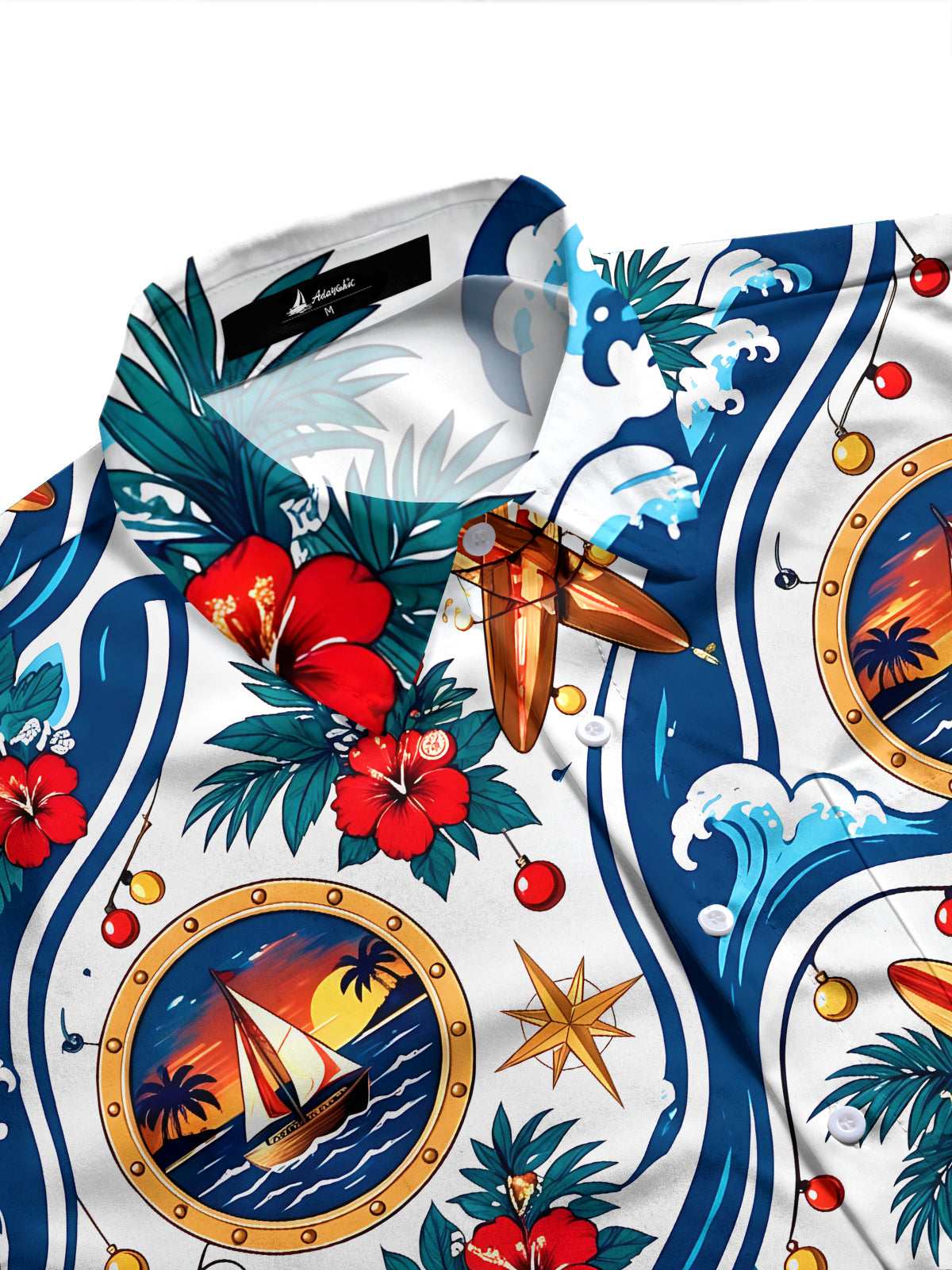 Adaychic Men's Long Sleeve Shirt - Christmas Ornaments And String Lights Print Sailing Boat In Porthole And Tropical Waves Print