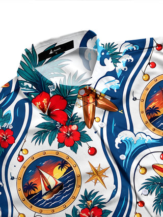 Adaychic Men's Long Sleeve Shirt - Christmas Ornaments And String Lights Print Sailing Boat In Porthole And Tropical Waves Print