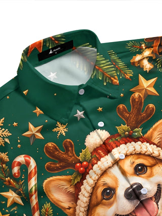 Adaychic Men's Hawaiian Christmas Corgi And Squirrel Print Short Sleeve Shirt