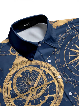 Adaychic Men's Hawaiian Vintage Compass Rose Print Short Sleeve Shirt with Chest Pocket