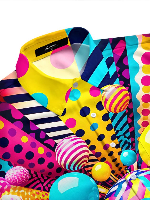 Adaychic Men's 3D Colorful 3D Geometric Spheres Print Short Sleeve Shirt with Chest Pocket