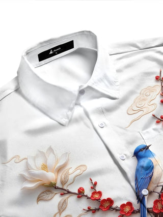 Adaychic Men's Long Sleeve Shirt - Blue Bird On Branch With Red Flowers And White Magnolias Print with Chest Pocket