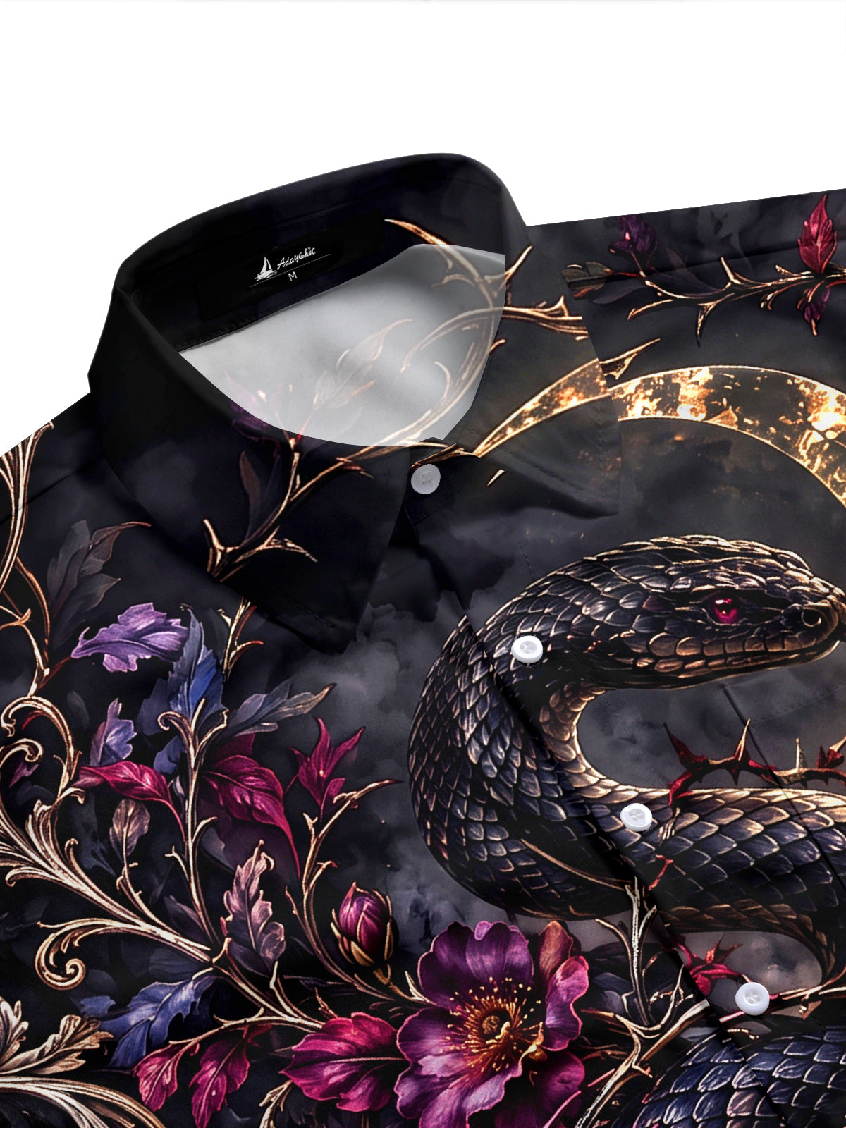 Adaychic Men's Dark Snake And Purple Flowers With Moon Print Short Sleeve Shirt with Chest Pocket