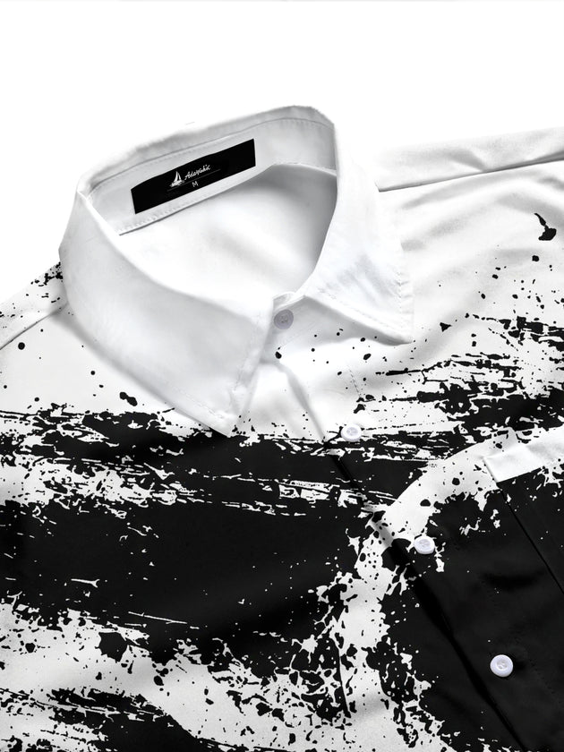 Adaychic Men's Abstract Black And White Ink Splatter Print Long Sleeve Shirt with Chest Pocket