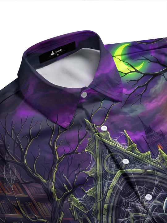 Adaychic Men's Graphic Gothic Castle Raven Secret Key Print Long Sleeve Shirt with Chest Pocket