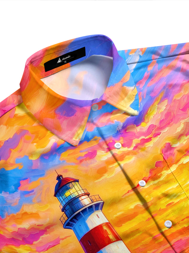 Adaychic Men's Coastal Lighthouse Sunset Seascape Print Long Sleeve Shirt with Chest Pocket