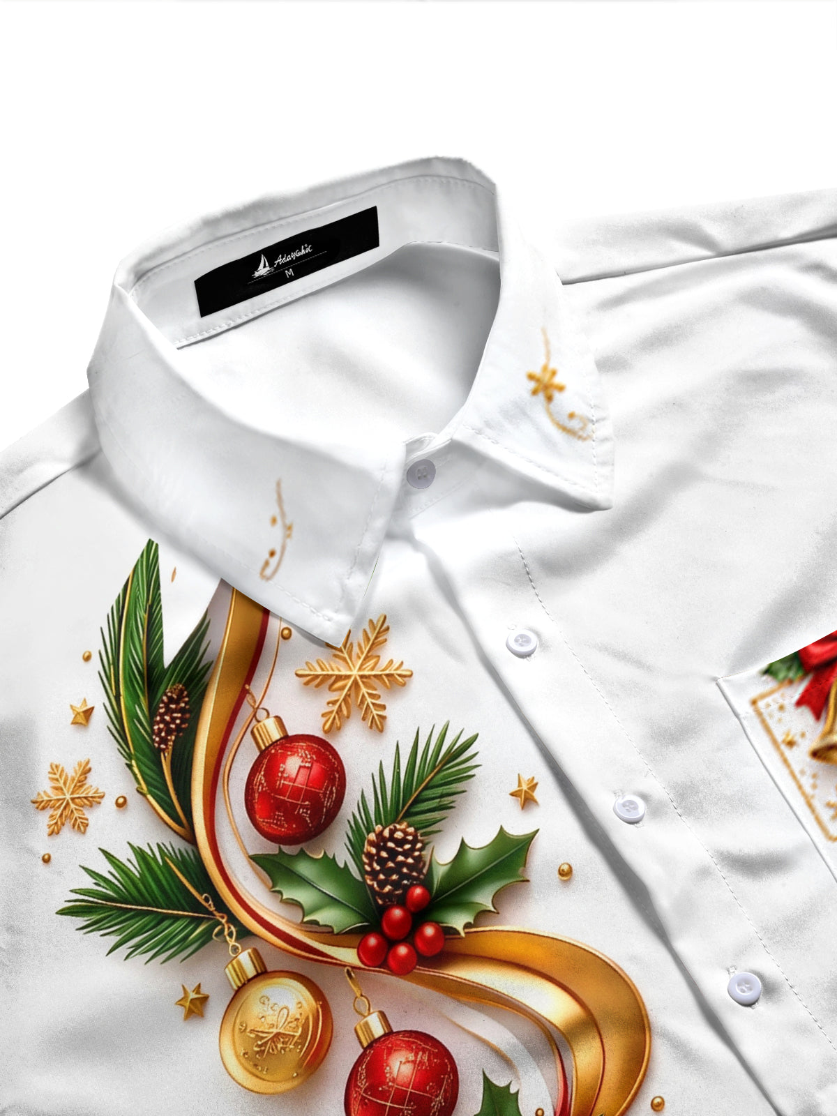 Adaychic Men's Printed Christmas Ornaments And Bells Print Long Sleeve Shirt with Chest Pocket
