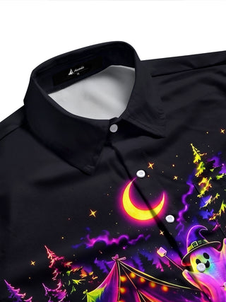 Adaychic Men's Graphic Halloween Ghost Camping Print Long Sleeve Shirt with Chest Pocket