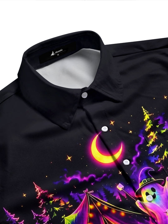 Adaychic Men's Graphic Halloween Ghost Camping Print Long Sleeve Shirt with Chest Pocket