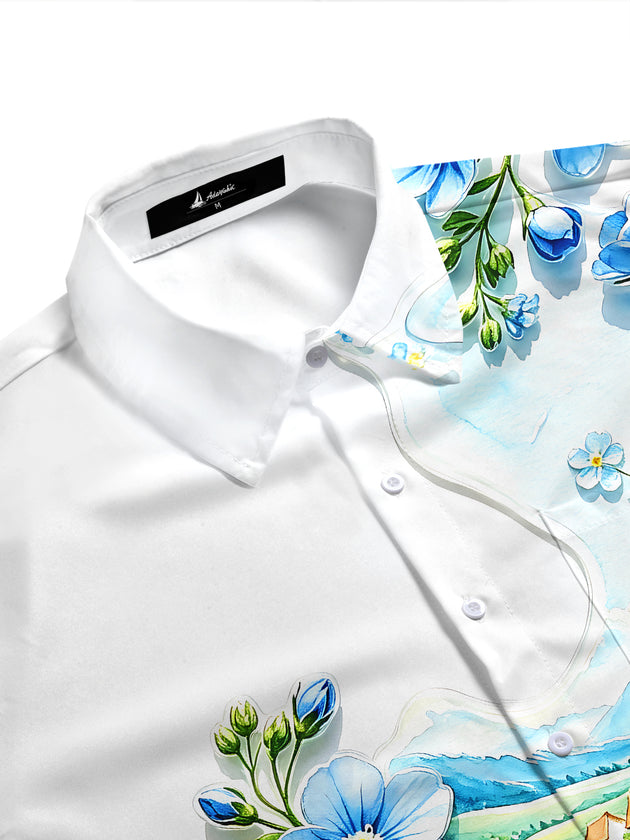Adaychic Men's Printed Floral Landscape Print Short Sleeve Shirt with Chest Pocket