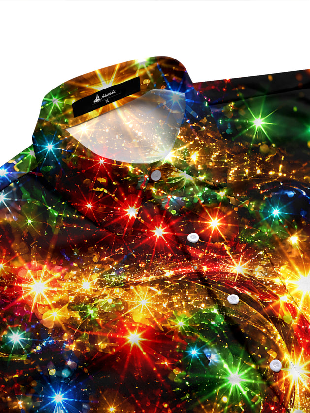 Adaychic Men's Printed Colorful Starburst Lights Print Long Sleeve Shirt with Chest Pocket