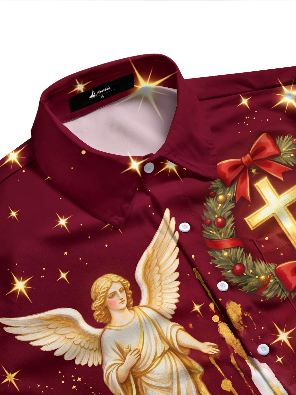 Adaychic Men's Angel And Christmas Wreath With Cross Print Long Sleeve Shirt with Chest Pocket