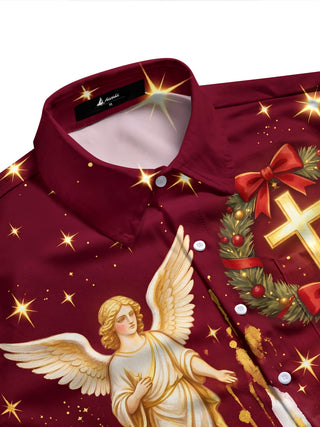 Adaychic Men's Angel And Christmas Wreath With Cross Print Long Sleeve Shirt with Chest Pocket