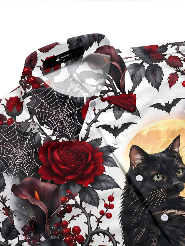 Adaychic Men's Halloween Black Cat With Bats And Moon Print Short Sleeve Shirt with Chest Pocket