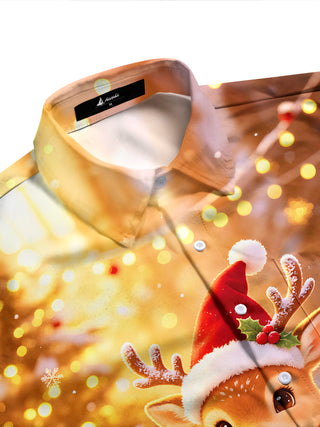 Adaychic Men's Printed Christmas Deer Print Ice Skating Print Long Sleeve Shirt with Chest Pocket