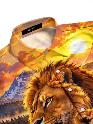 Adaychic Men's Graphic Lion Portrait Print Long Sleeve Shirt with Chest Pocket
