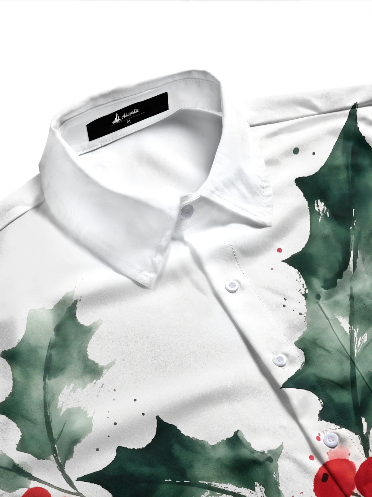 Adaychic Men's Christmas Holly Leaves And Red Berries Print Long Sleeve Shirt with Chest Pocket