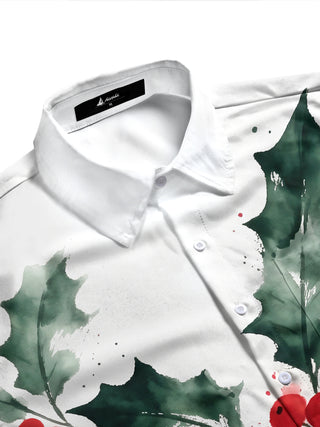 Adaychic Men's Christmas Holly Leaves And Red Berries Print Long Sleeve Shirt with Chest Pocket