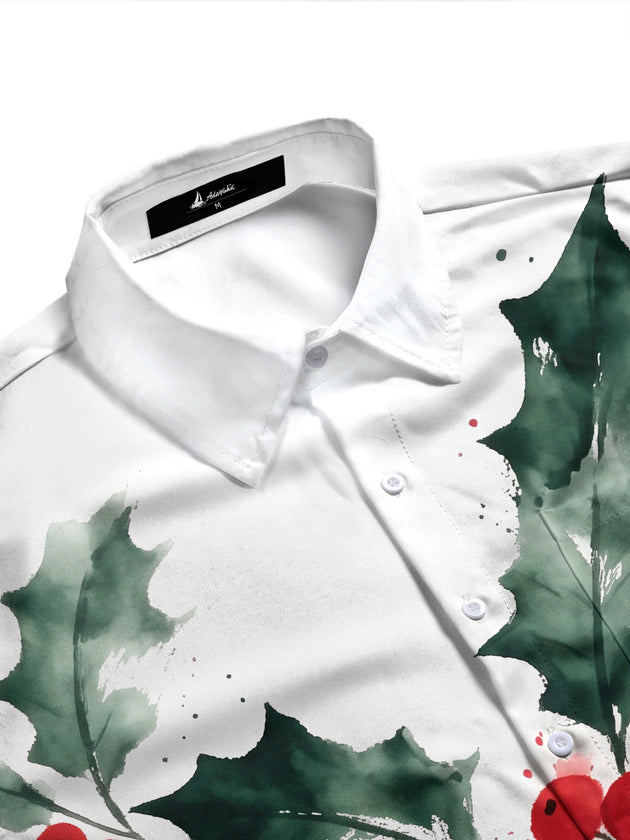 Adaychic Men's Christmas Holly Leaves And Red Berries Print Long Sleeve Shirt with Chest Pocket