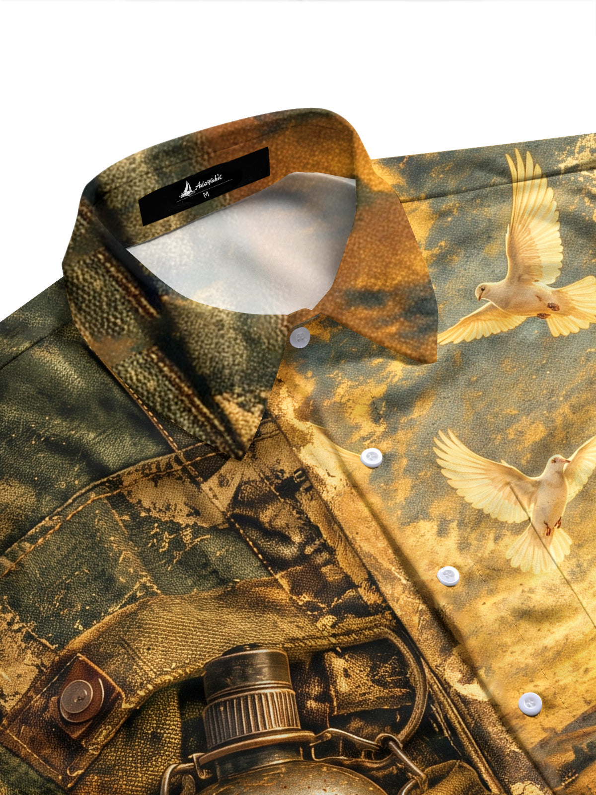 Adaychic Men's Long Sleeve Shirt - Vintage Canteen And Flying Doves Over Wheat Field Print with Chest Pocket