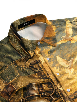 Adaychic Men's Long Sleeve Shirt - Vintage Canteen And Flying Doves Over Wheat Field Print with Chest Pocket