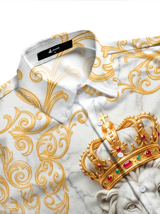 Adaychic Men's Printed Marble Lion With Golden Crown Print Long Sleeve Shirt with Chest Pocket