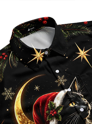Adaychic Men's Short Sleeve Shirt - Black Cat Wearing Santa Hat With Holly And Pine Branches Print with Chest Pocket