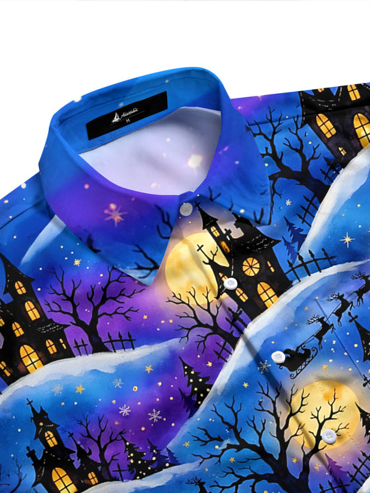 Adaychic Men's Santa Sleigh And Reindeer Print Long Sleeve Shirt with Chest Pocket