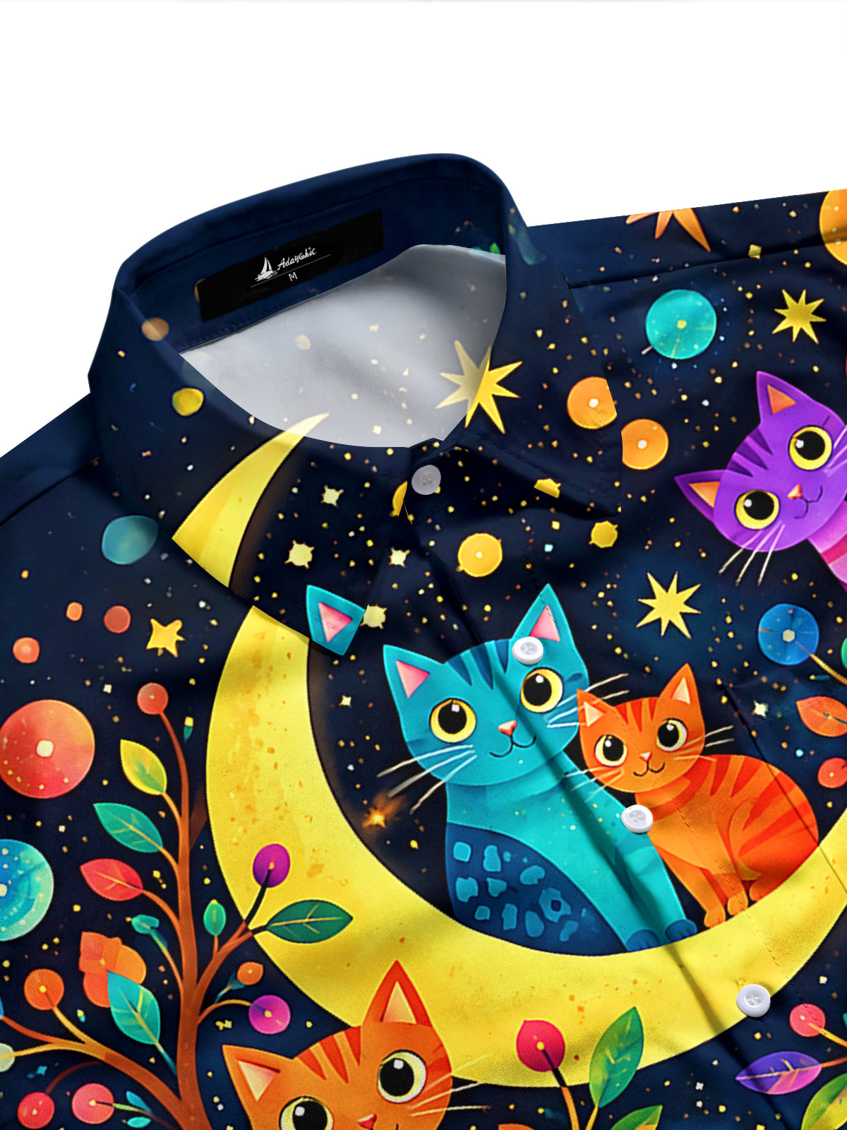 Adaychic Men's Hawaiian Colorful Cats Print Night Sky Print Long Sleeve Shirt with Chest Pocket