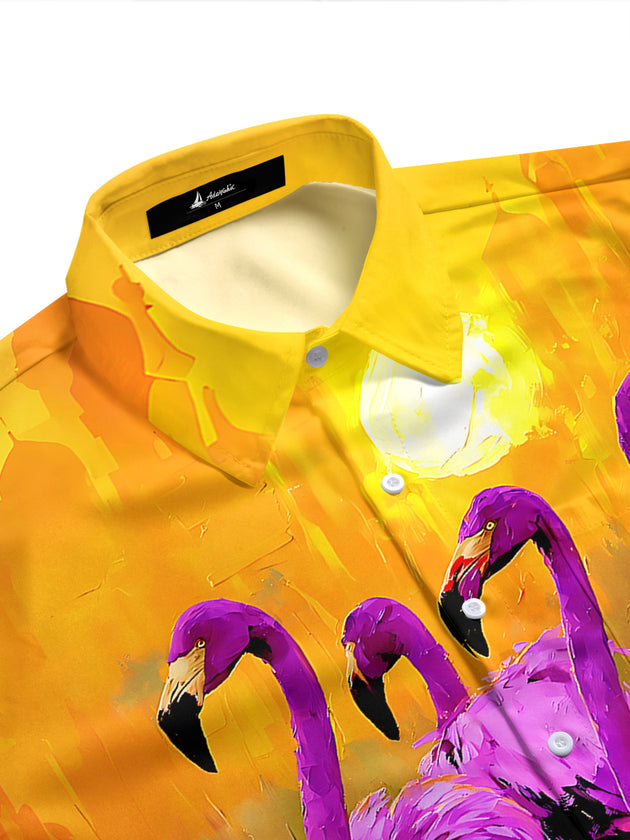 Adaychic Men's Hawaiian Flamingo Sunset Print Short Sleeve Shirt with Chest Pocket
