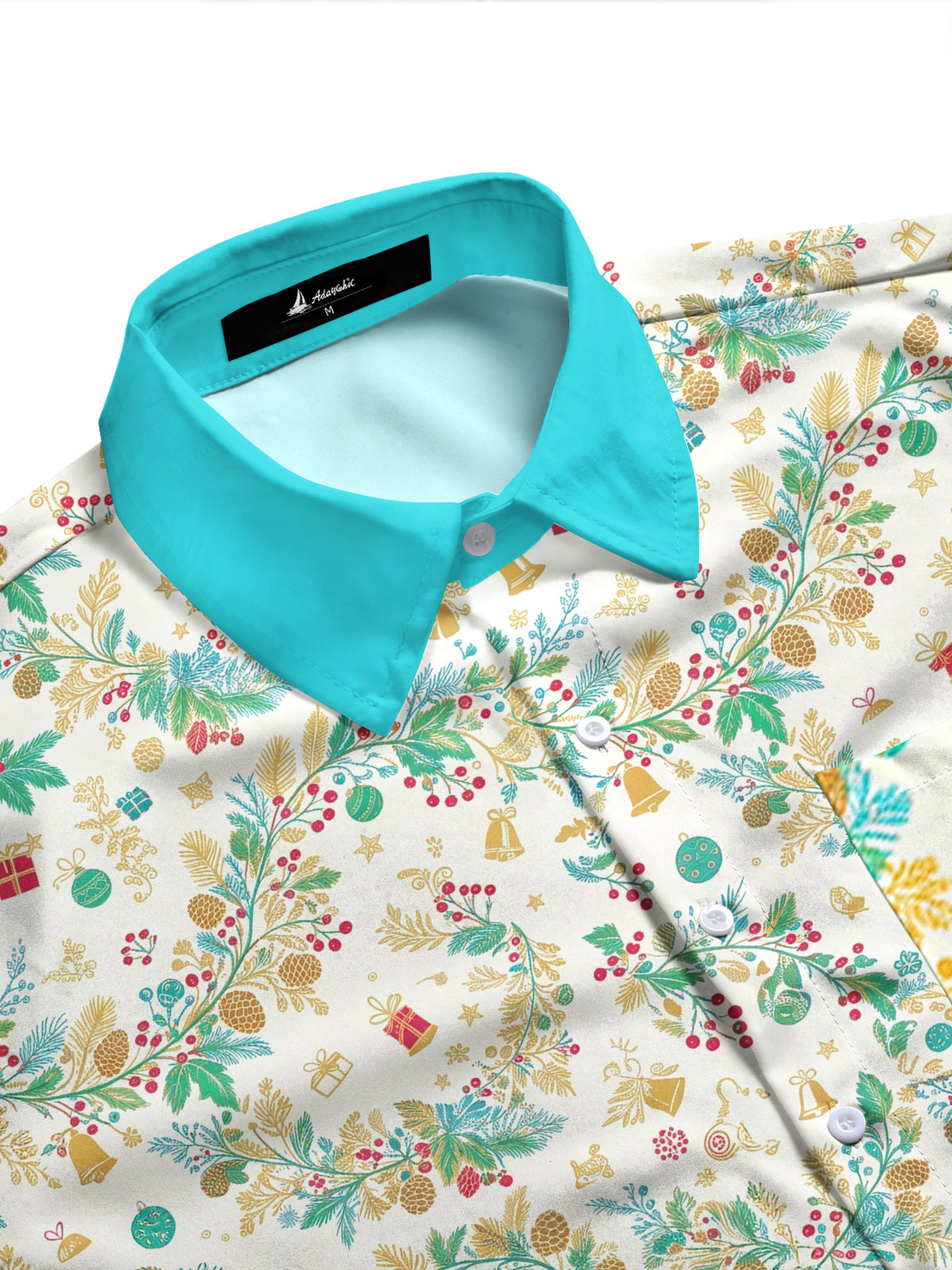 Adaychic Men's Christmas Pine Branches And Gift Boxes Print Long Sleeve Shirt with Chest Pocket