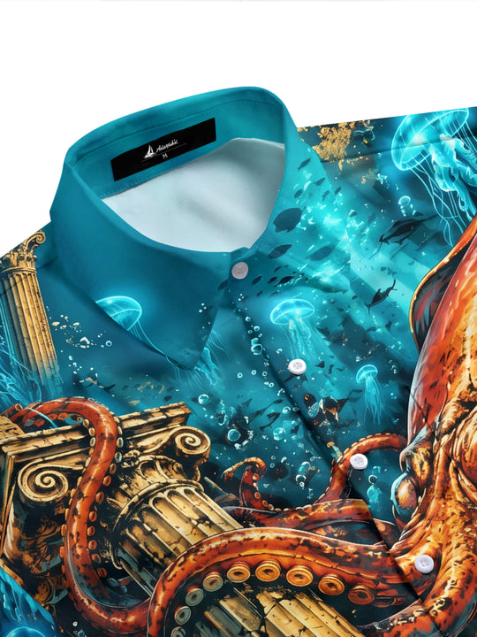 Adaychic Men's Hawaiian Octopus And Ancient Ruins Print Short Sleeve Shirt with Chest Pocket