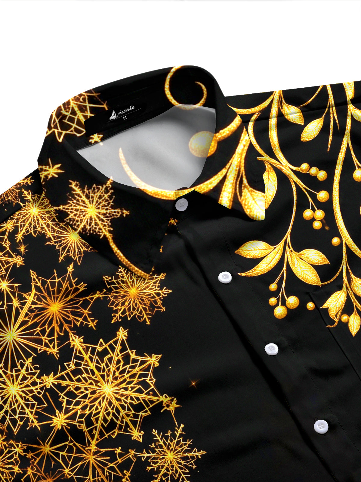 Adaychic Men's Printed Golden Branches And Snowflakes Print Long Sleeve Shirt with Chest Pocket