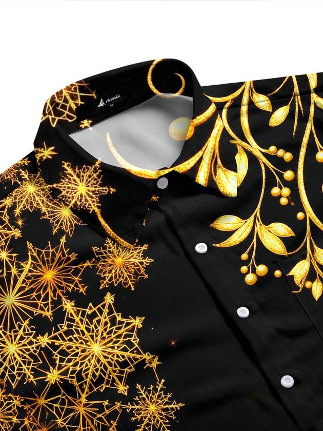 Adaychic Men's Printed Golden Branches And Snowflakes Print Long Sleeve Shirt with Chest Pocket