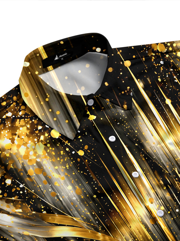 Adaychic Men's Long Sleeve Shirt - Abstract Gold And Black Splatter With Radial Lines Print with Chest Pocket