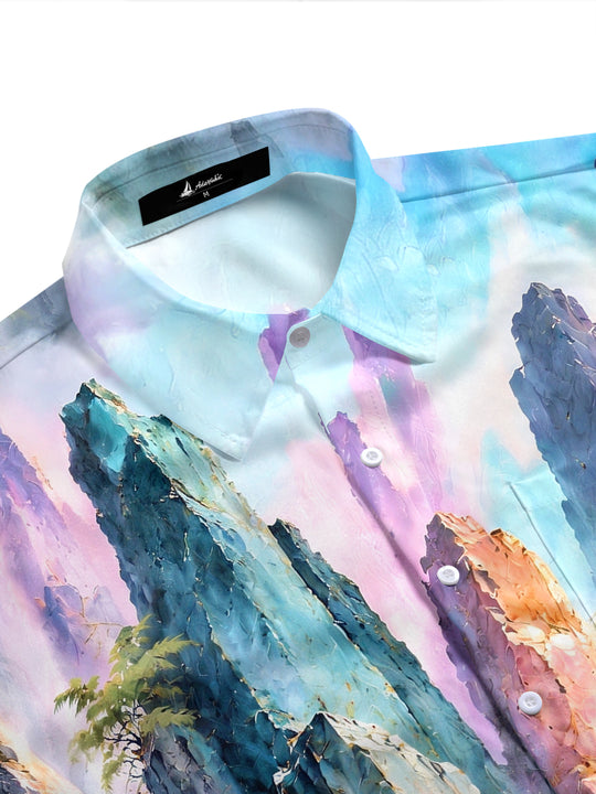 Adaychic Men's Mountain Landscape With Pine Trees Print Short Sleeve Shirt with Chest Pocket