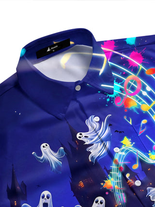 Adaychic Men's Graphic Halloween Ghosts Print Short Sleeve Shirt with Chest Pocket