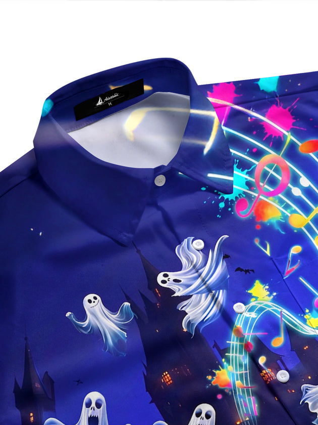 Adaychic Men's Graphic Halloween Ghosts Print Short Sleeve Shirt with Chest Pocket