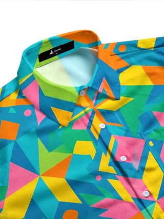 Adaychic Men's Printed Colorful Geometric Shapes Print Long Sleeve Shirt with Chest Pocket