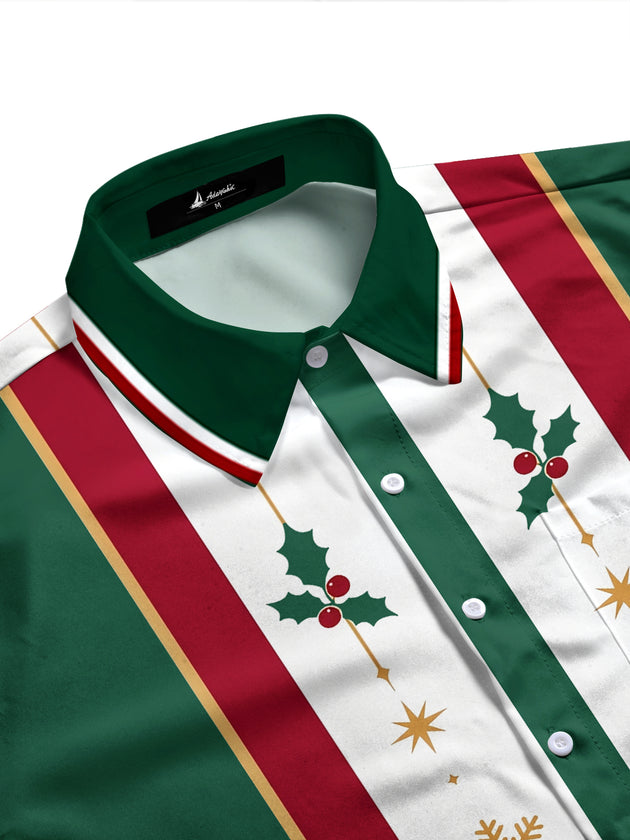Adaychic Men's Patterned Christmas Holly And Snowflakes Print Long Sleeve Shirt with Chest Pocket