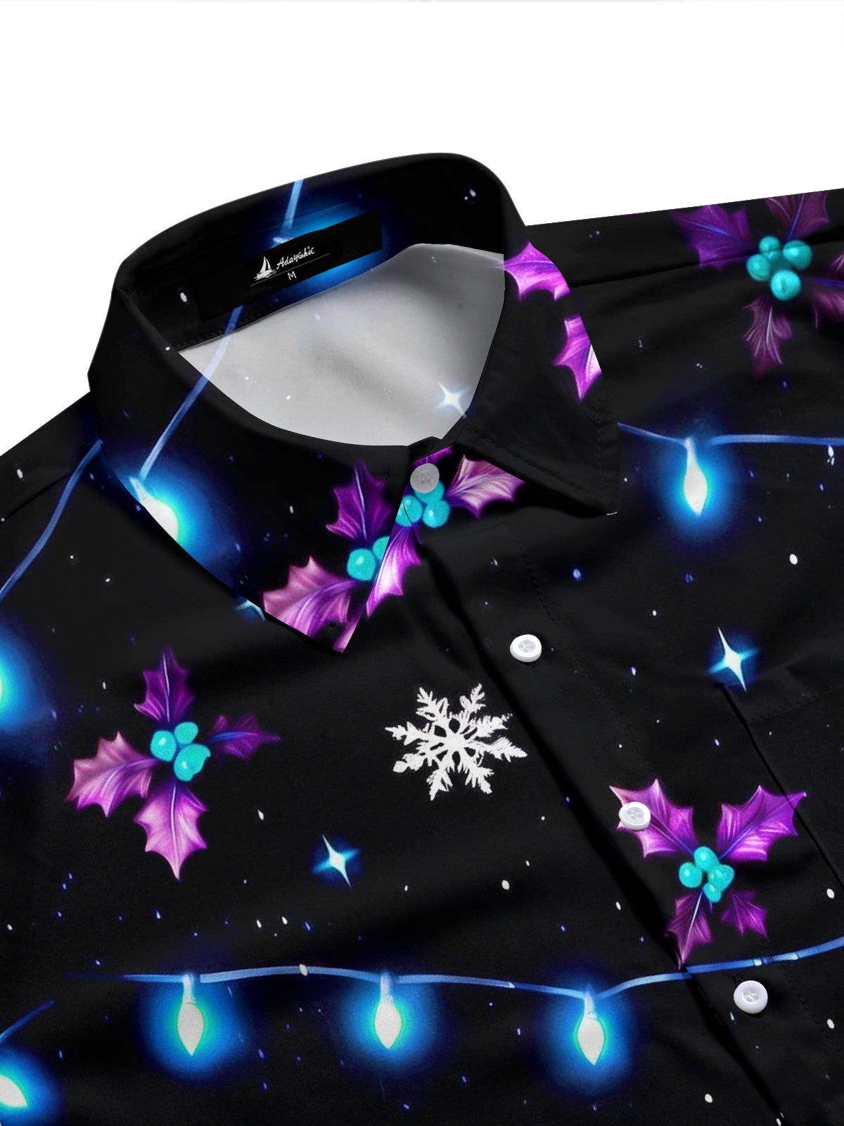 Adaychic Men's Short Sleeve Shirt - Christmas Light Strings And Holly Leaves Print with Chest Pocket
