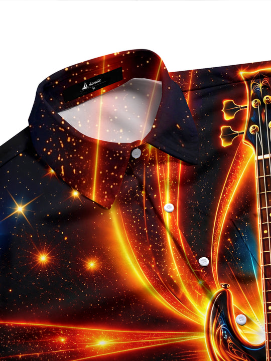 Adaychic Men's Neon Bass Guitar With Cosmic Background Print Long Sleeve Shirt with Chest Pocket