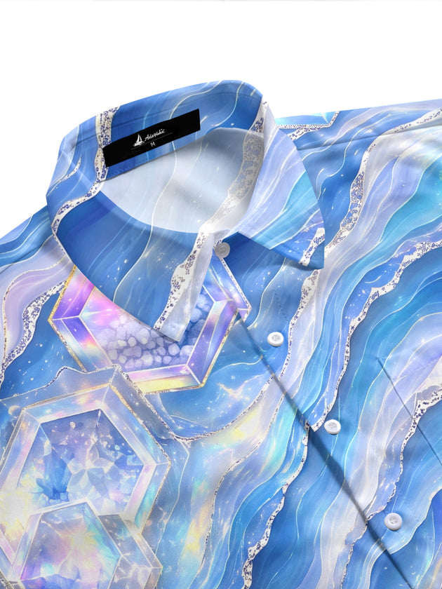 Adaychic Men's Short Sleeve Shirt - Abstract Geometric Hexagons And Wavy Lines Print with Chest Pocket