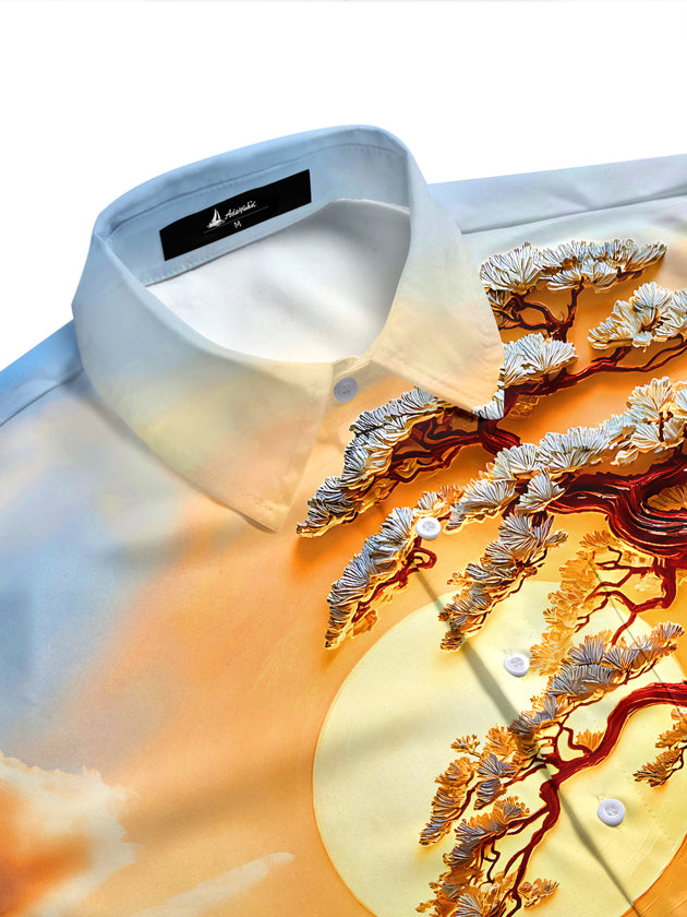 Adaychic Men's Printed Landscape With Pine Trees Print Short Sleeve Shirt with Chest Pocket