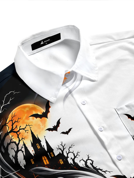 Adaychic Men's Graphic Halloween Ghosts And Pumpkins Print Short Sleeve Shirt with Chest Pocket