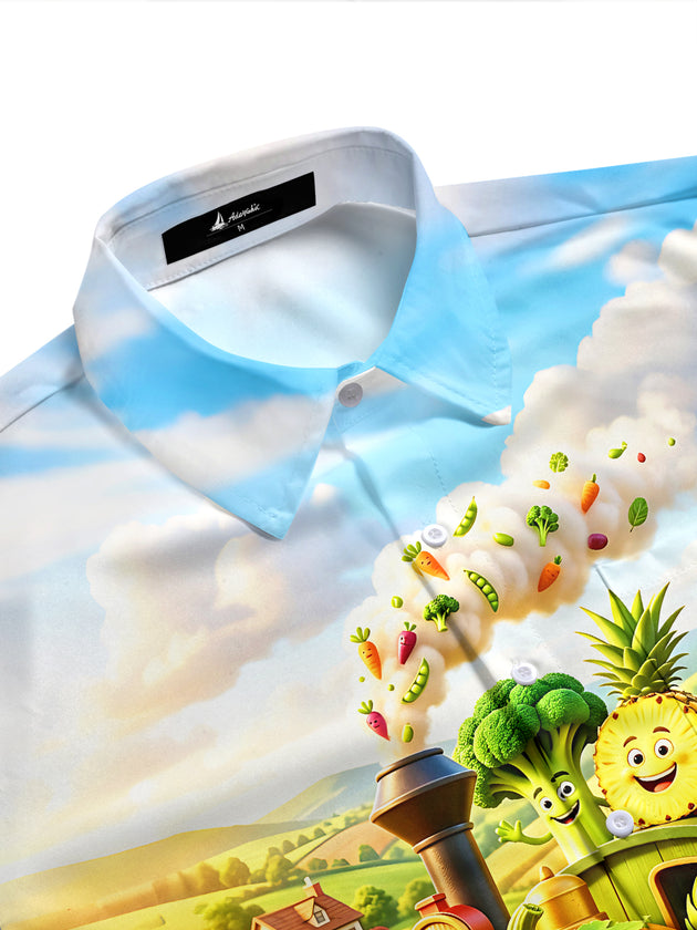Adaychic Men's Short Sleeve Shirt - Cartoon Pumpkin Train With Fruits And Vegetables Print with Chest Pocket