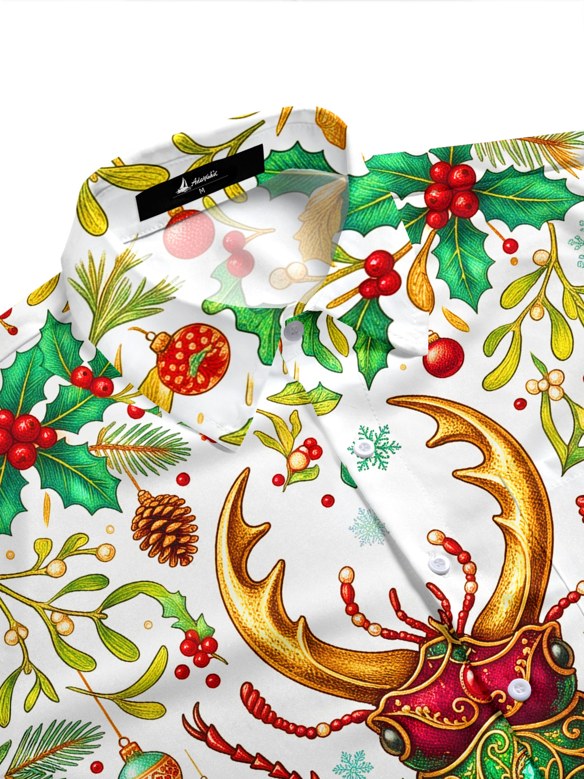 Adaychic Men's Hawaiian Christmas Jewel Stag Beetle Print Short Sleeve Shirt with Chest Pocket